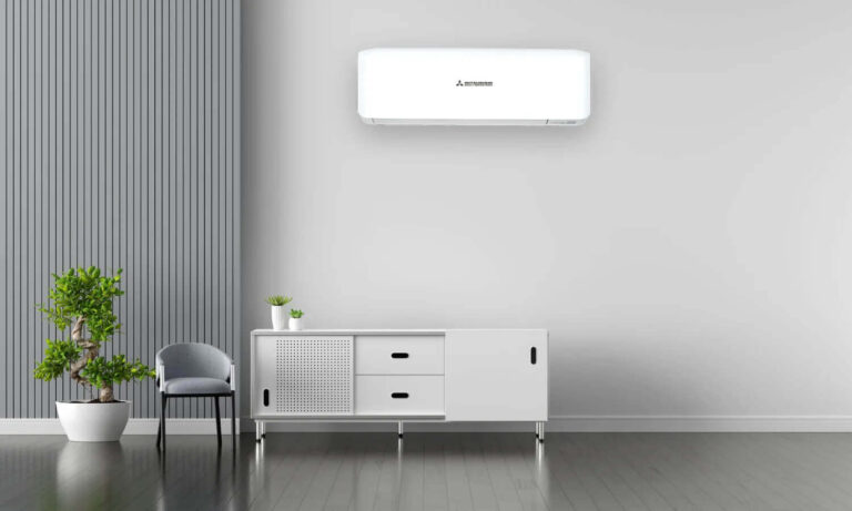 Modern room with air conditioner and furniture